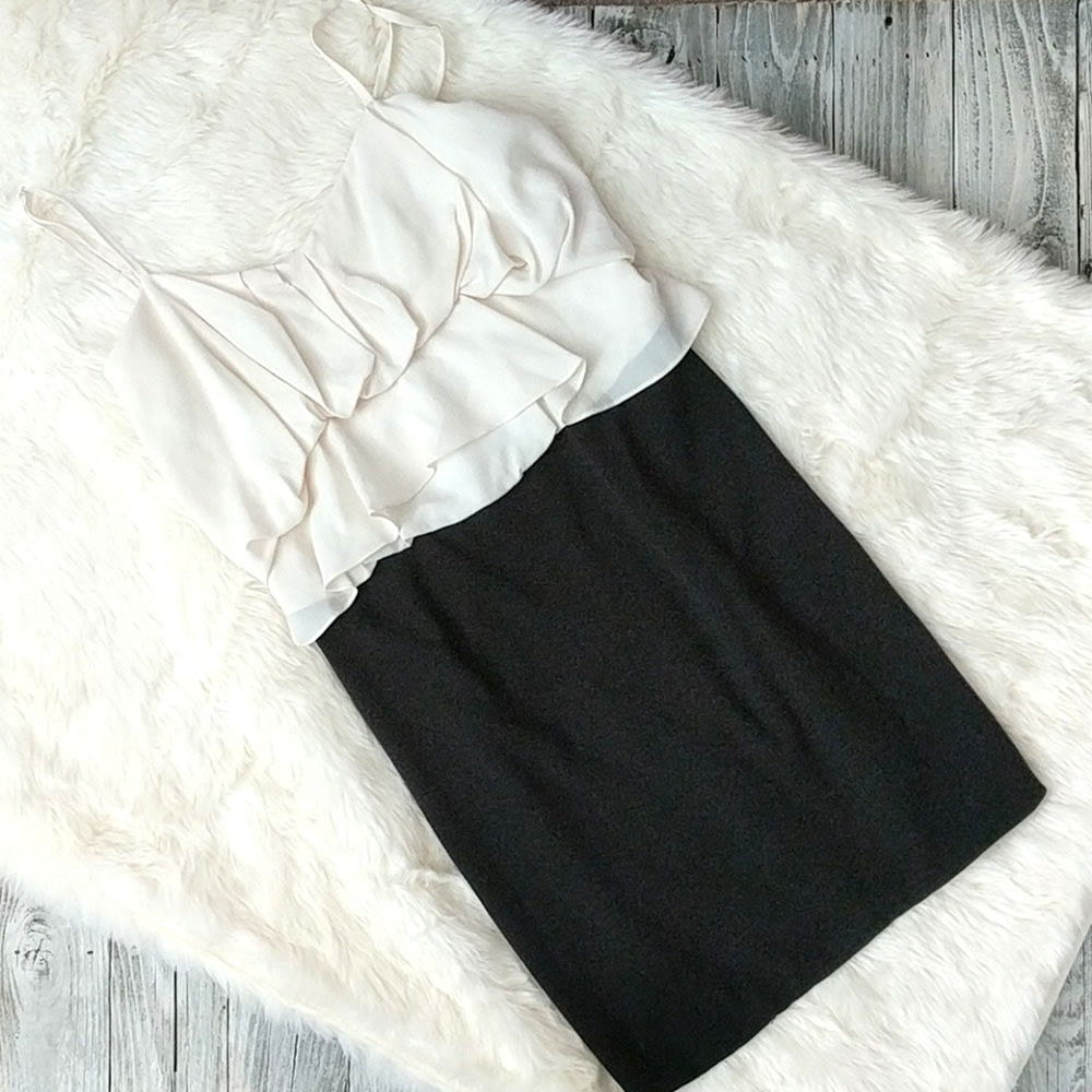 BCBG MAXAZIRA Layered Dress Shift Black White Cream Sheath Pencil Womens Size 6‎